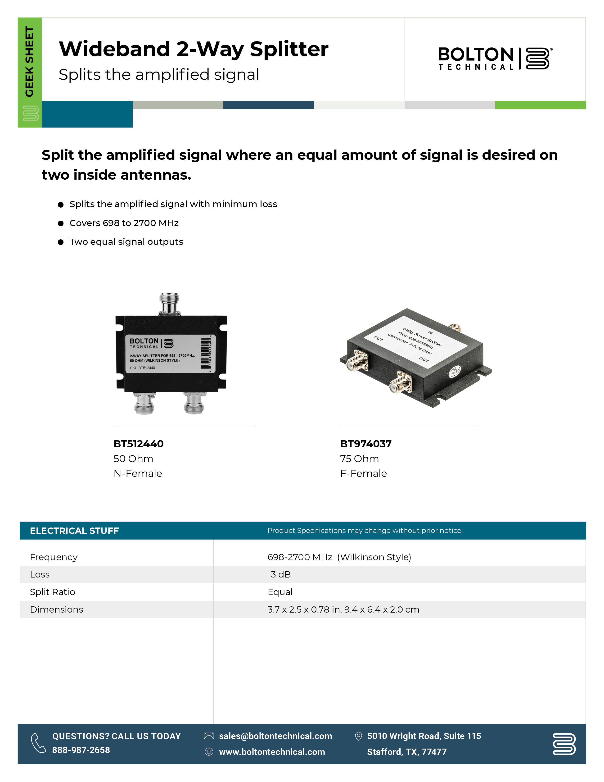 2 way coaxial splitter spec sheet