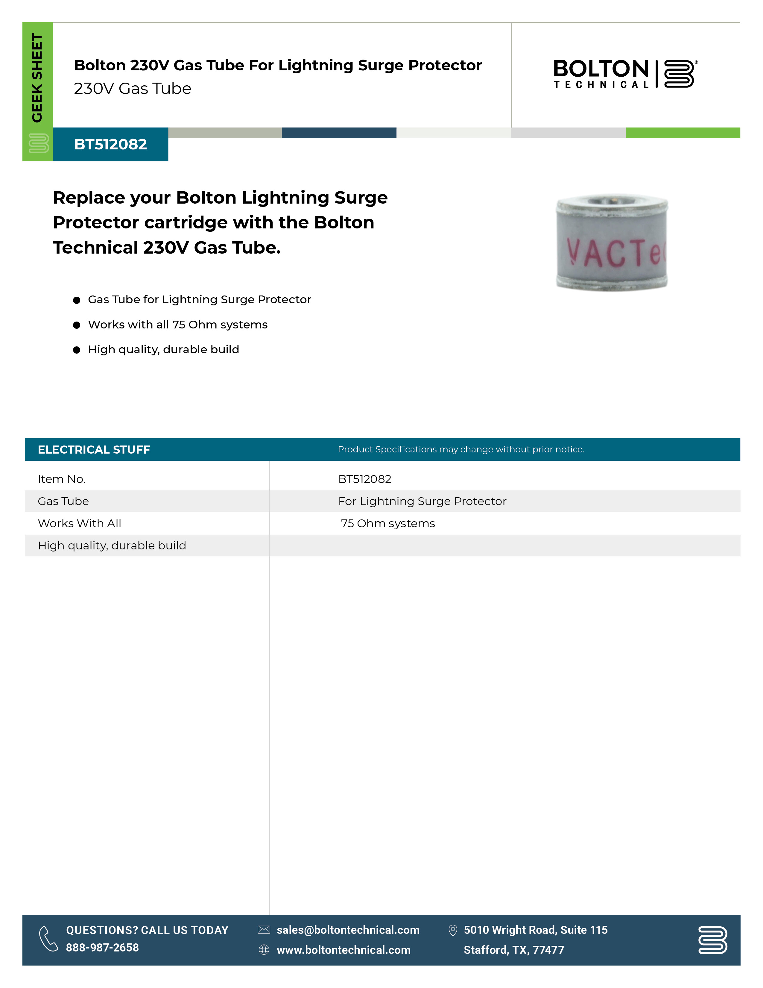 gas tube for lightning surge protector spec sheet