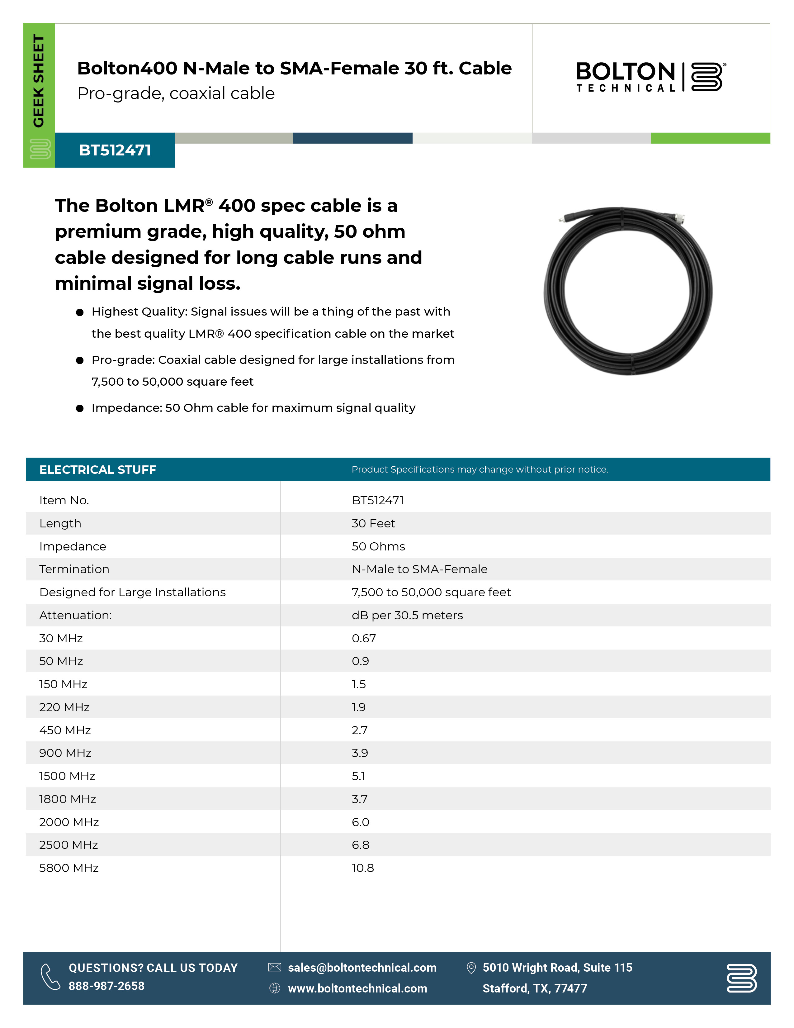 Bolton 25ft cable spec sheet